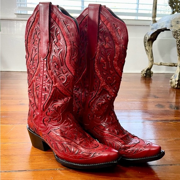 NEW JB DILLON RESERVE Darling Red Glitter Inlay Leather Snip Toe Boot GIFTABLE-8 - Picture 3 of 15